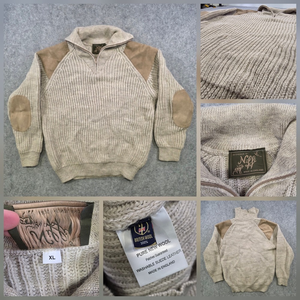 Niffi Sweater Mens XL Beige British Wool 1/4 Zip‎ High Neck Suede Elbow Patches